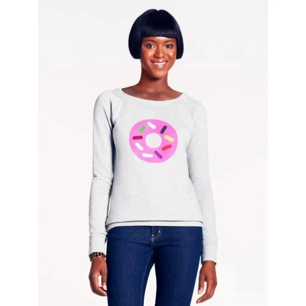Kate‎ Spade x Darcel Size XS Women's Pink Donut Graphic Sweatshirt Boatneck Grey